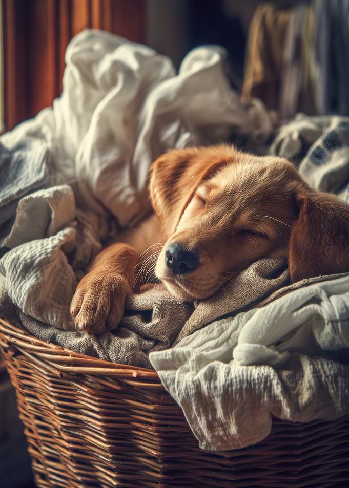 Sleeping Puppy in Laundry Basket