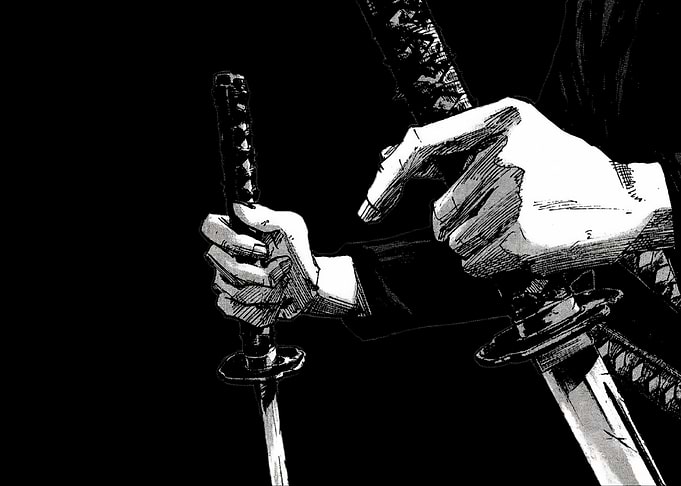 samurai swords in black and white