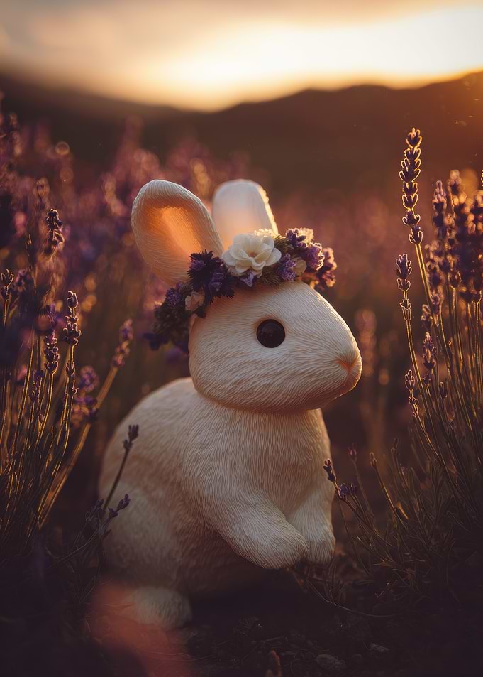Rabbit with Flower Crown in Lavender Field