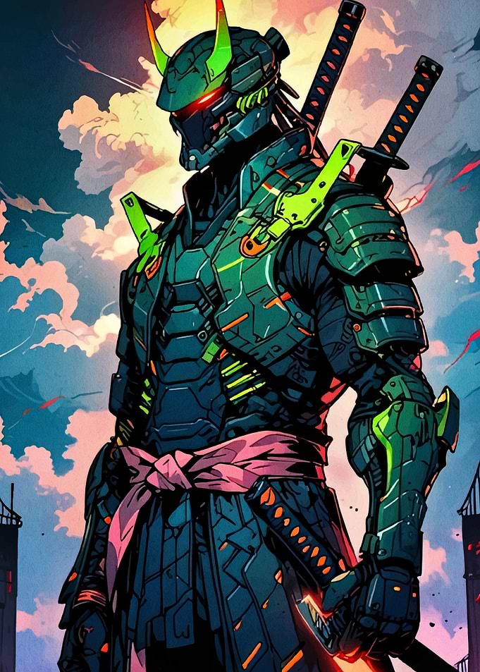 Cyberpunk Samurai Warrior with Dual Swords