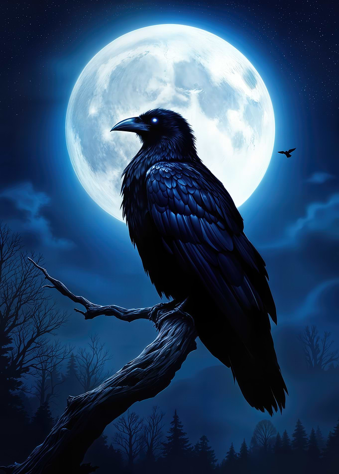 Gothic Black Raven Perched Under Full Moon