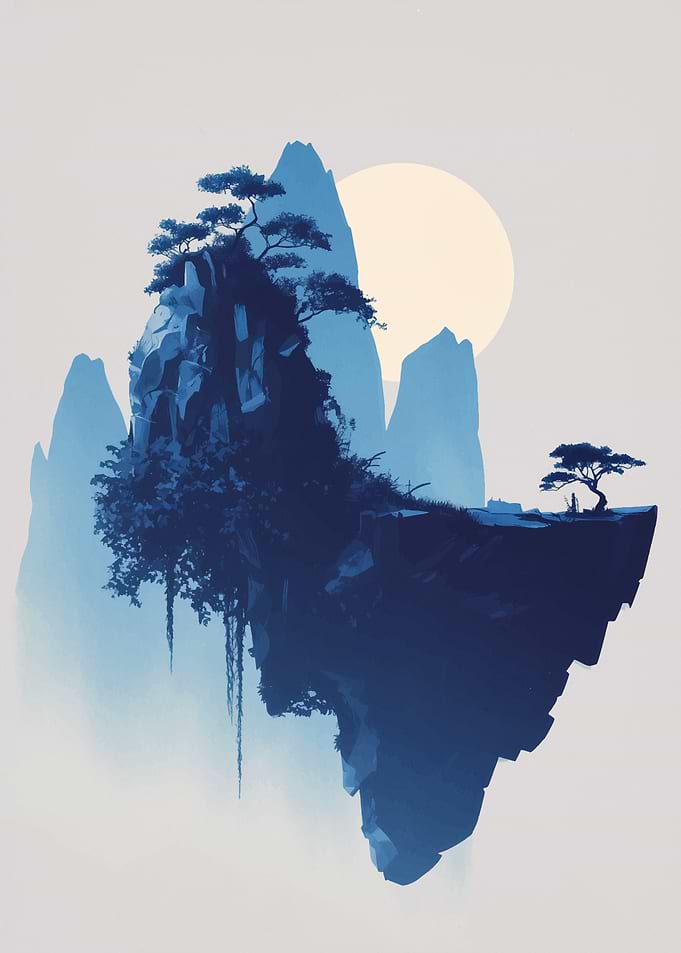 Floating Island Landscape with Trees and Sun