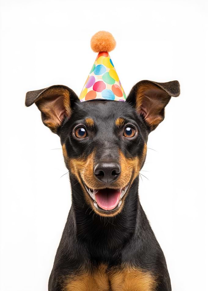 Manchester Terrier Dog with Birthday Hat Portrait