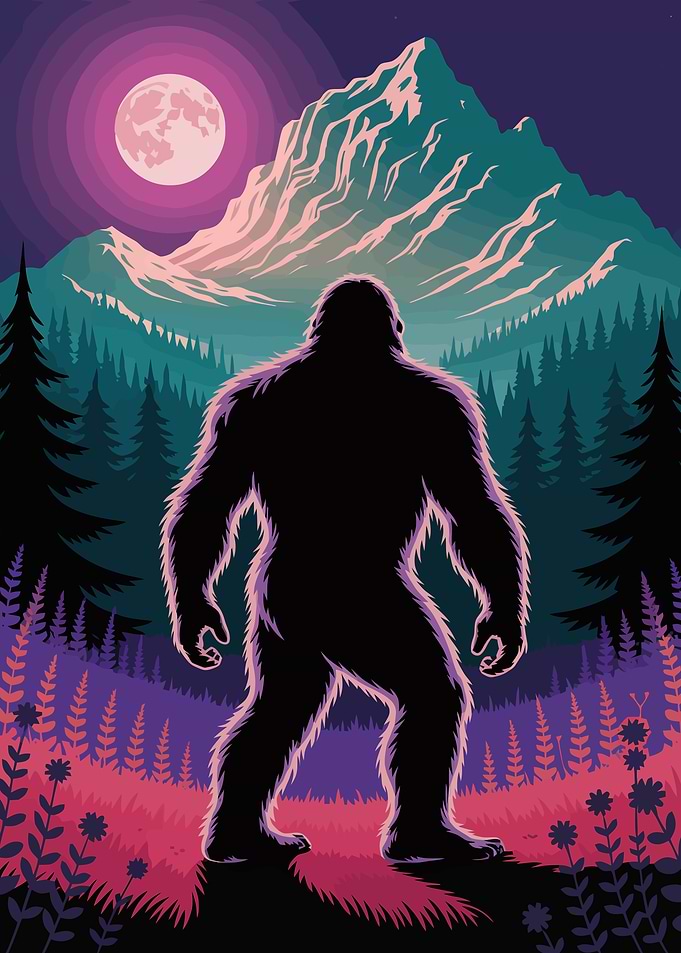Bigfoot in the Mountains at Night
