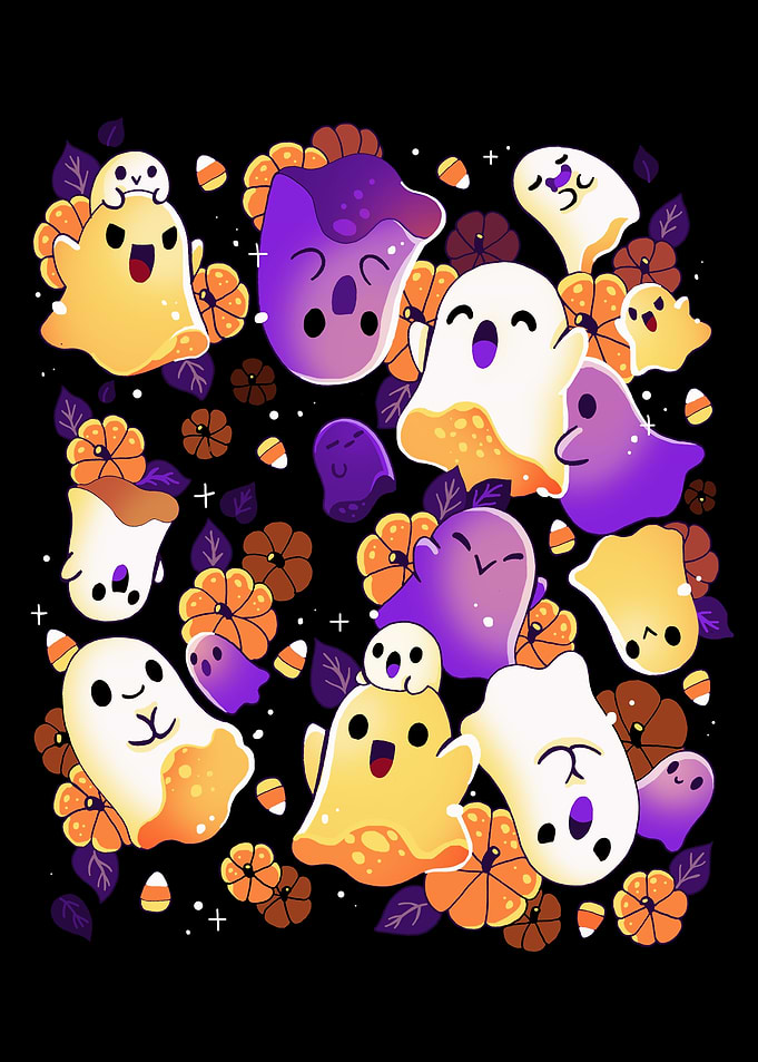 Cute Halloween Ghosts with Pumpkins and Candy