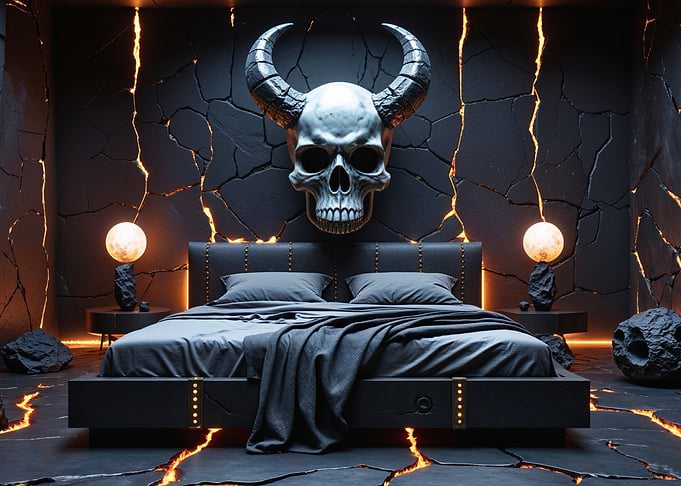 Gothic Concept Bedroom Design Featuring Cracked Walls and Skull Decor