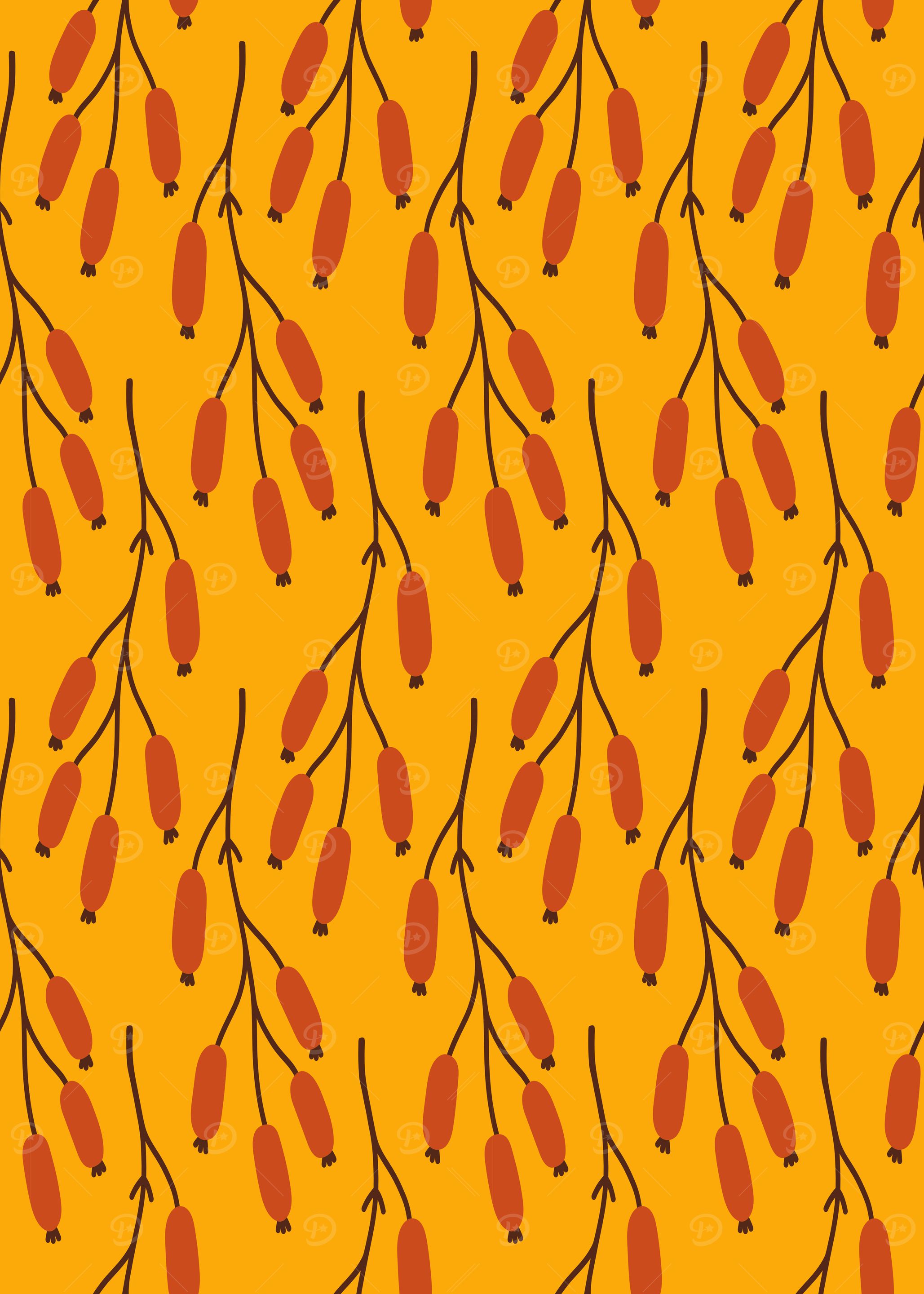 Rosehip Branch Pattern on Yellow Background
