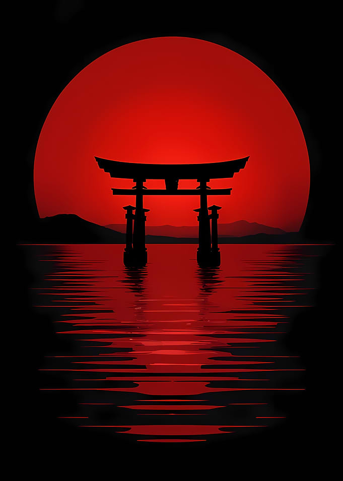 Japanese Torii Gate Silhouette at Sunset