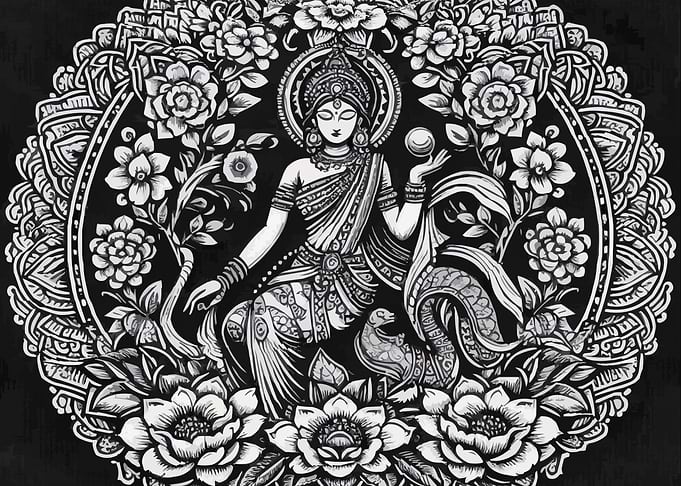 Indian Goddess Lakshmi Black and White Art