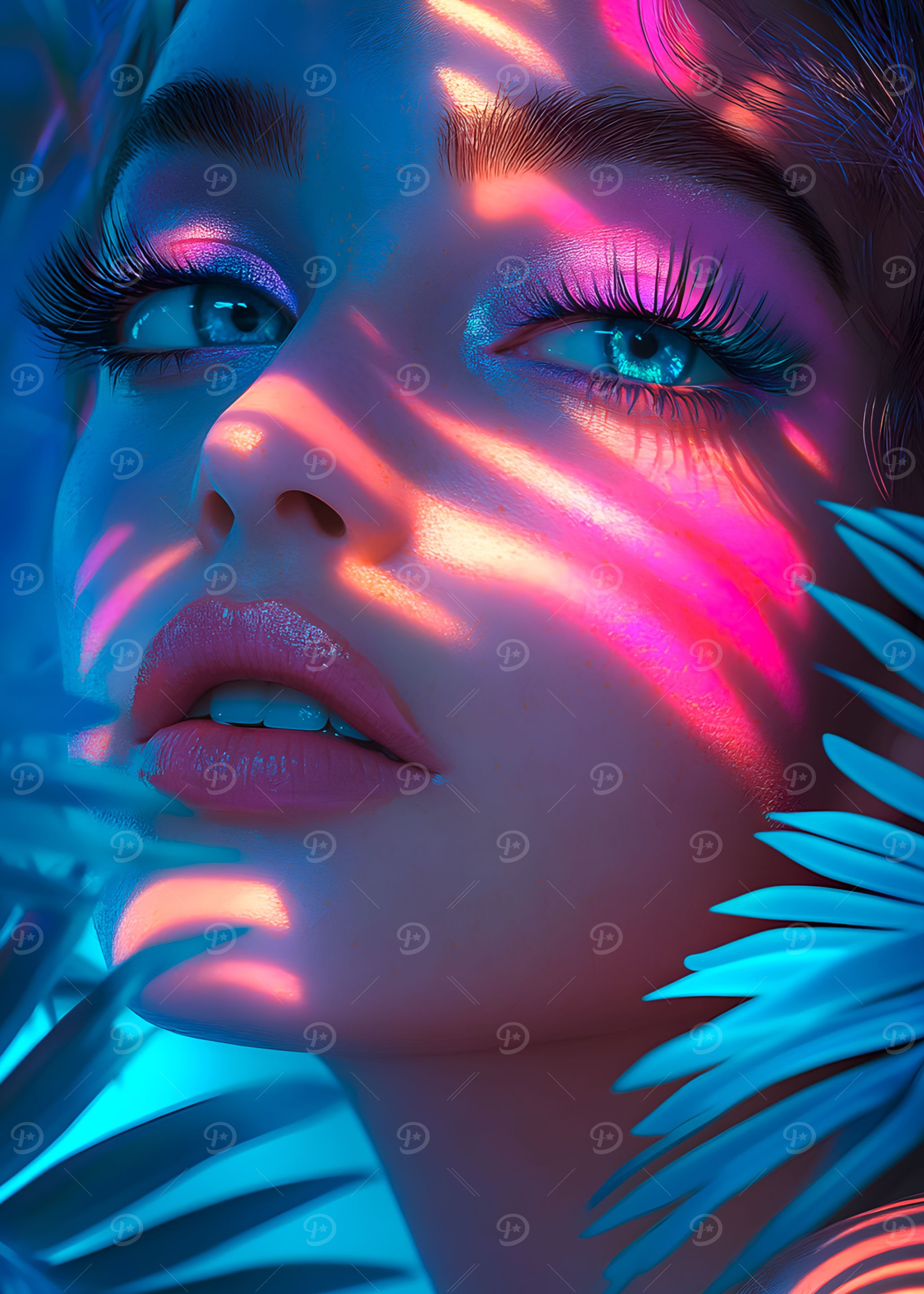 Neon Beauty Portrait with Floral Accents