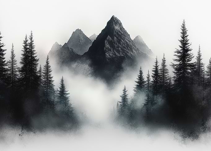 Monochromatic Mountain Forest in Fog