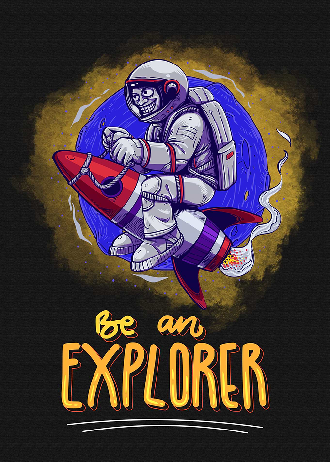 Astronaut on Rocket with 'Be an Explorer'