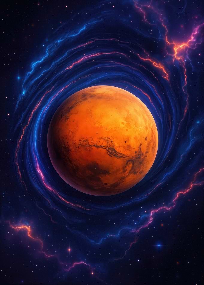 Mars in a swirling cosmic nebula