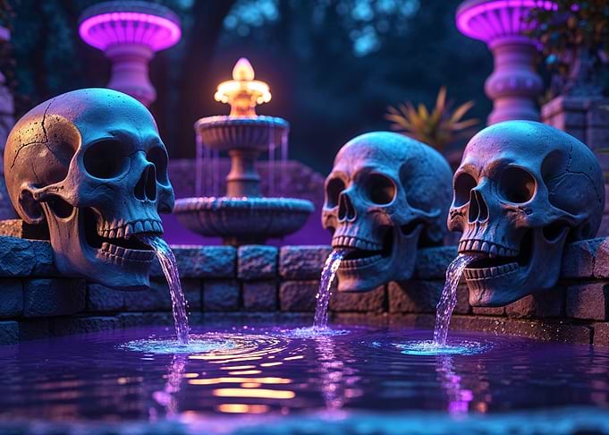 Skull Fountain with Neon Lights in Gothic Garden Setting
