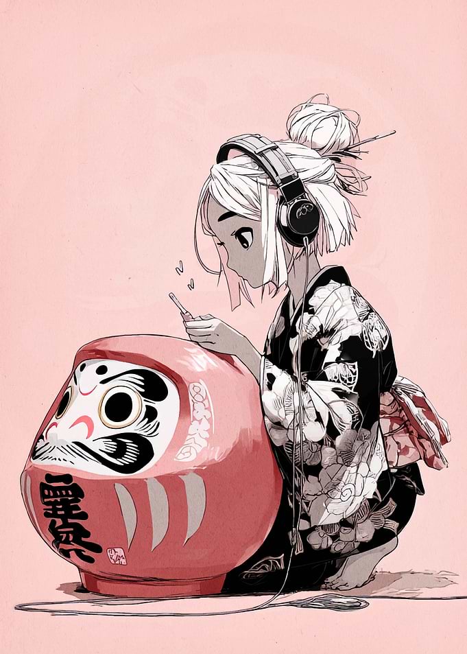 Girl with Daruma Doll and Headphones