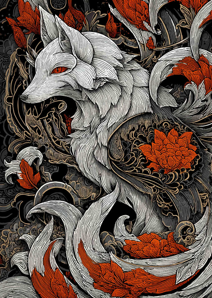 Ornate White Fox with Red Accents