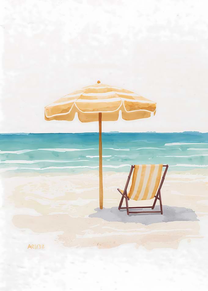 Beach Umbrella and Chair Watercolor Painting