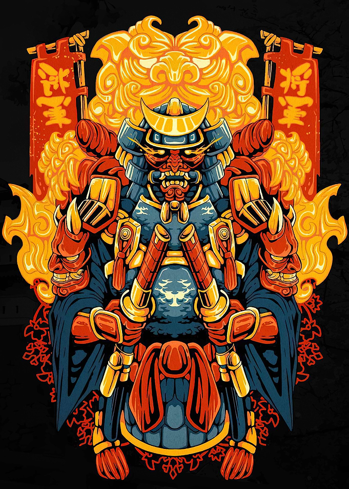 Samurai Warrior Illustration with Fiery Background