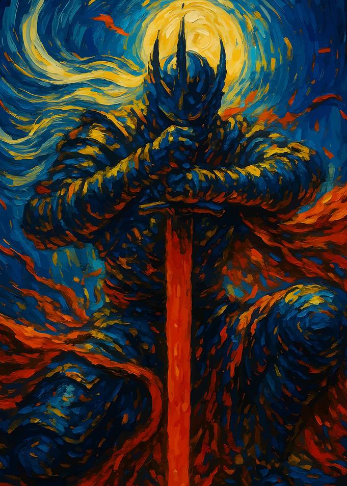 Dark Knight with Fiery Sword Painting