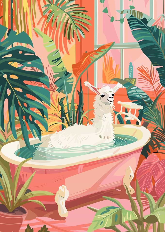 Llama in Bathtub with Tropical Plants