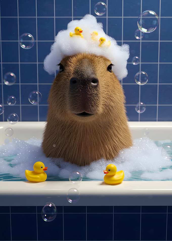 Capybara in Bathtub with Rubber Ducks