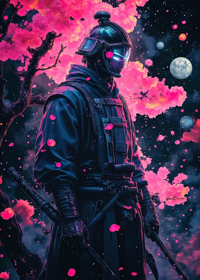 Cyberpunk Samurai with Cherry Blossoms