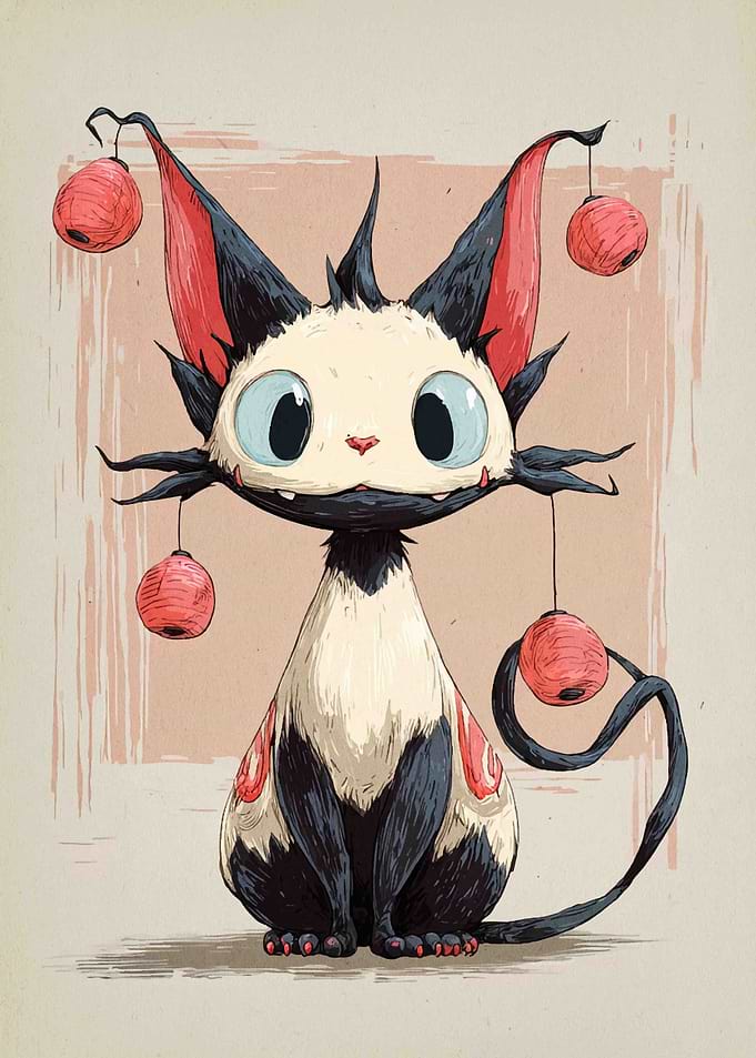 Stylized Cat with Lanterns Illustration