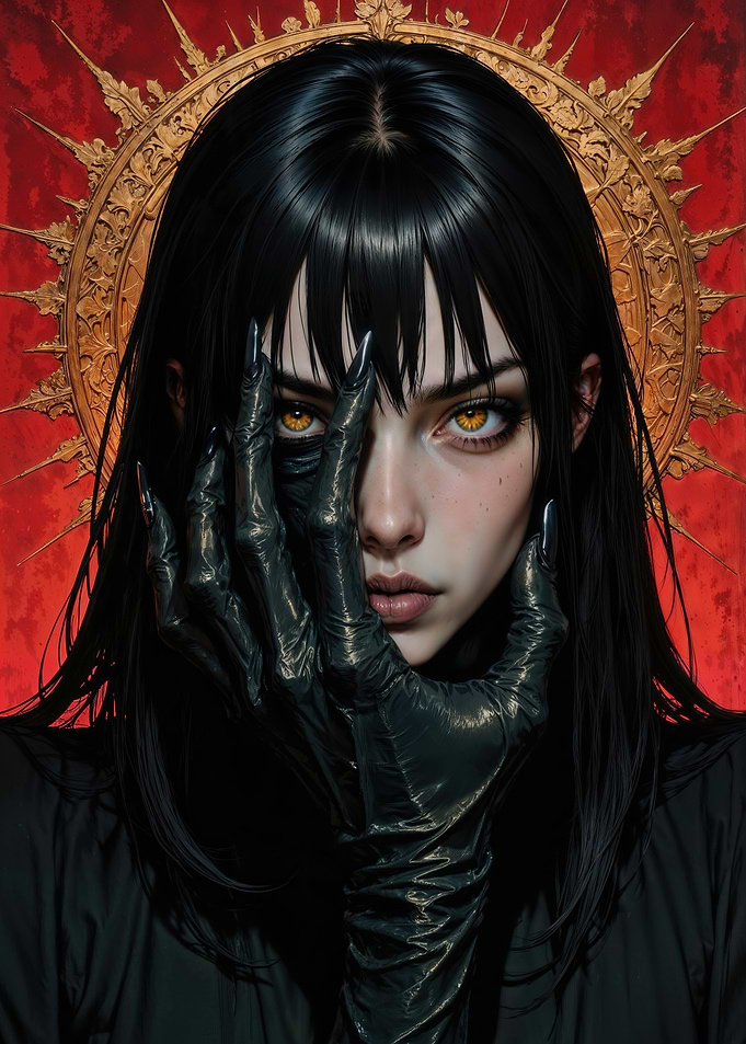 Enigmatic Gaze: Mysterious Woman with Golden Eyes and Dark Aura