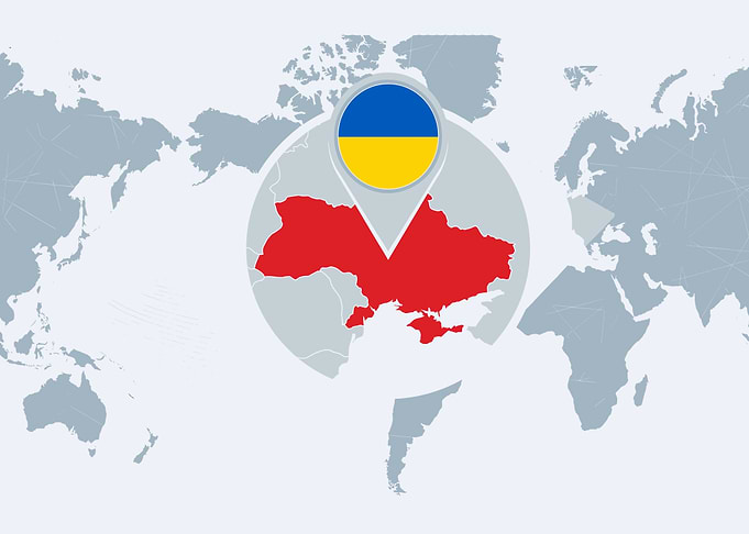 Ukraine on World Map with Flag