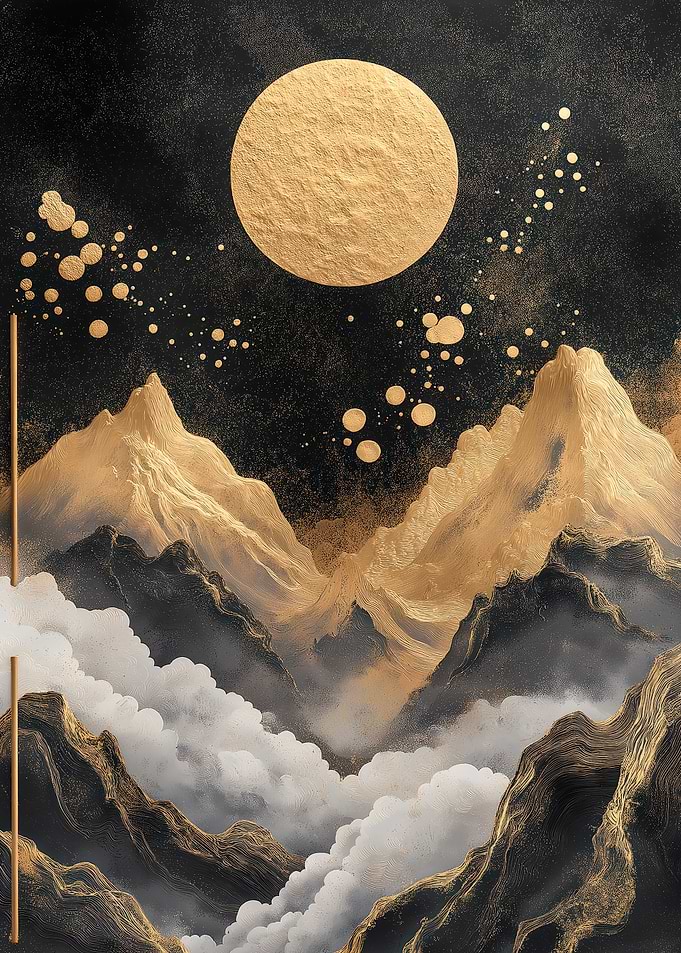 Golden Moon over Mountain Landscape
