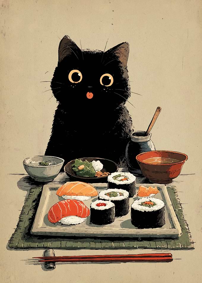 Black Cat and Sushi Feast