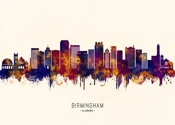 Birmingham Alabama Skyline Watercolor Art