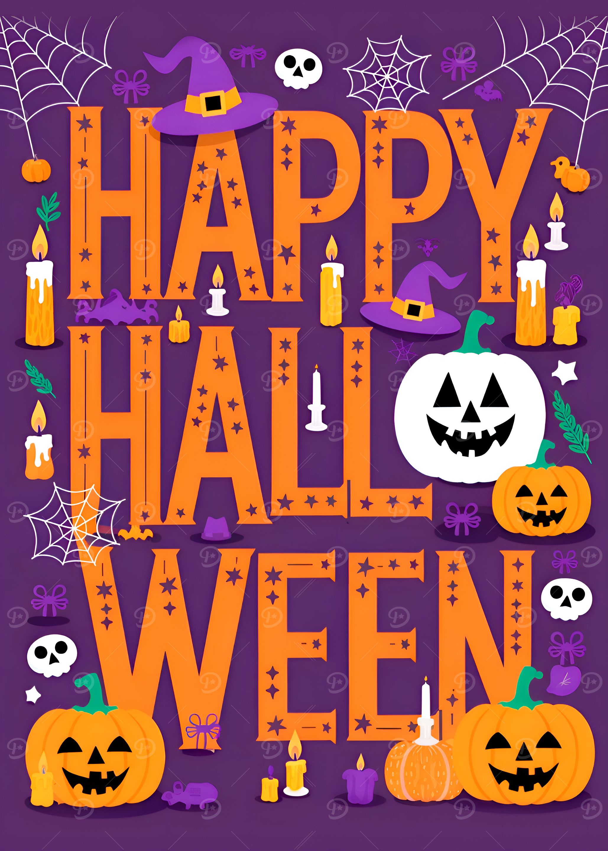 Happy Halloween Illustration with Pumpkins and Candles