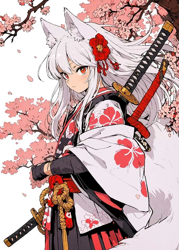 Anime Fox Girl Swords Kimono