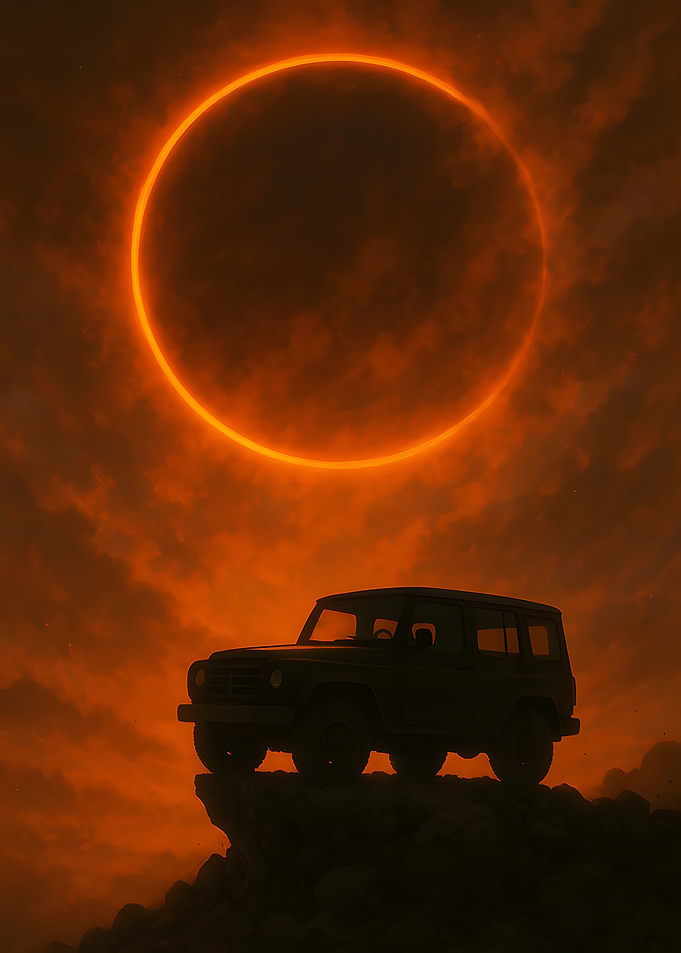 SUV on Cliff with Solar Eclipse