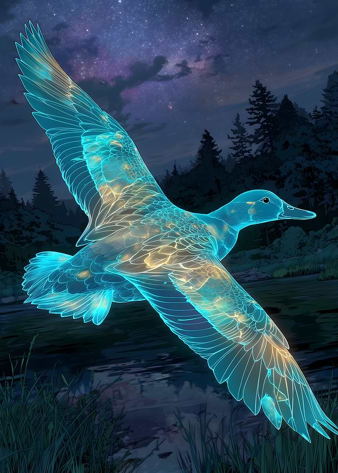 Glowing Duck in Flight at Night