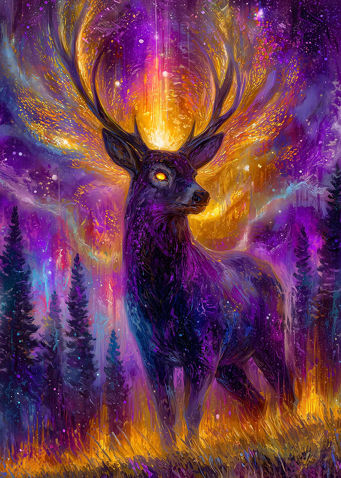 Cosmic Deer in Forest Painting