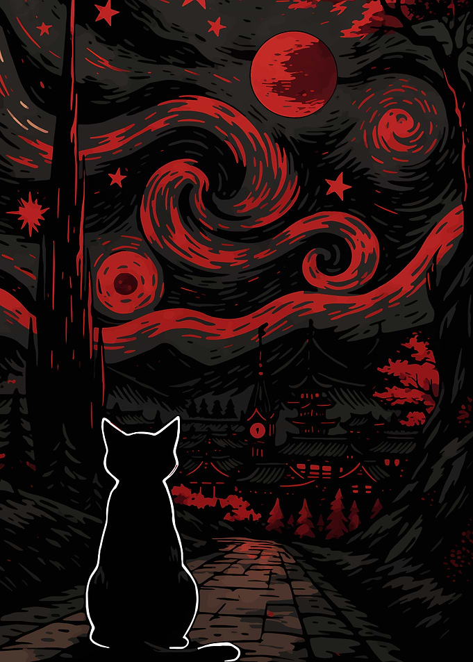 Black Cat Stargazing Japanese Landscape Art