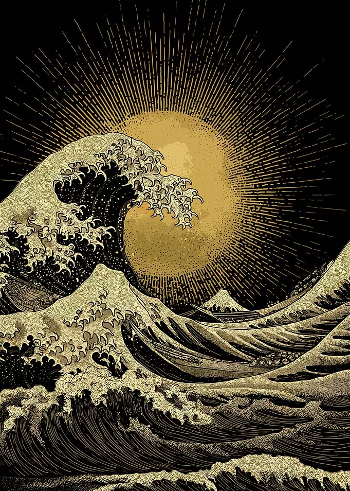 Golden Wave and Sun Art