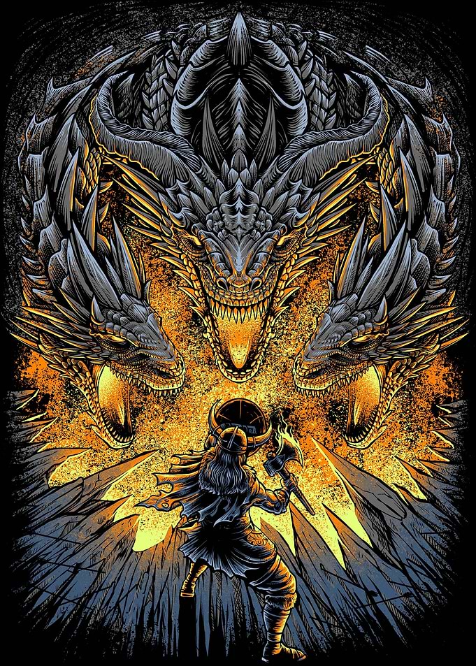 Viking versus Three-Headed Dragon Illustration