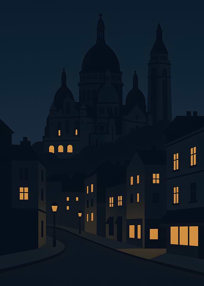 Nighttime Paris cityscape with Sacré-Cœur Basilica