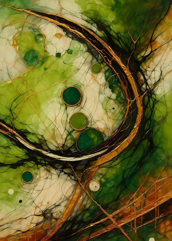 Abstract Porcelain #104 - Abstract Green and Gold Ink Painting