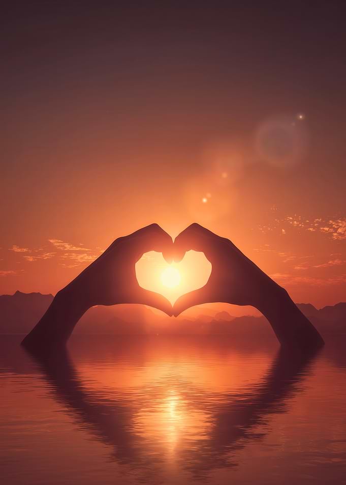 Silhouetted Hands Heart Embracing Sun Golden Orange Lake Sunset Mountains