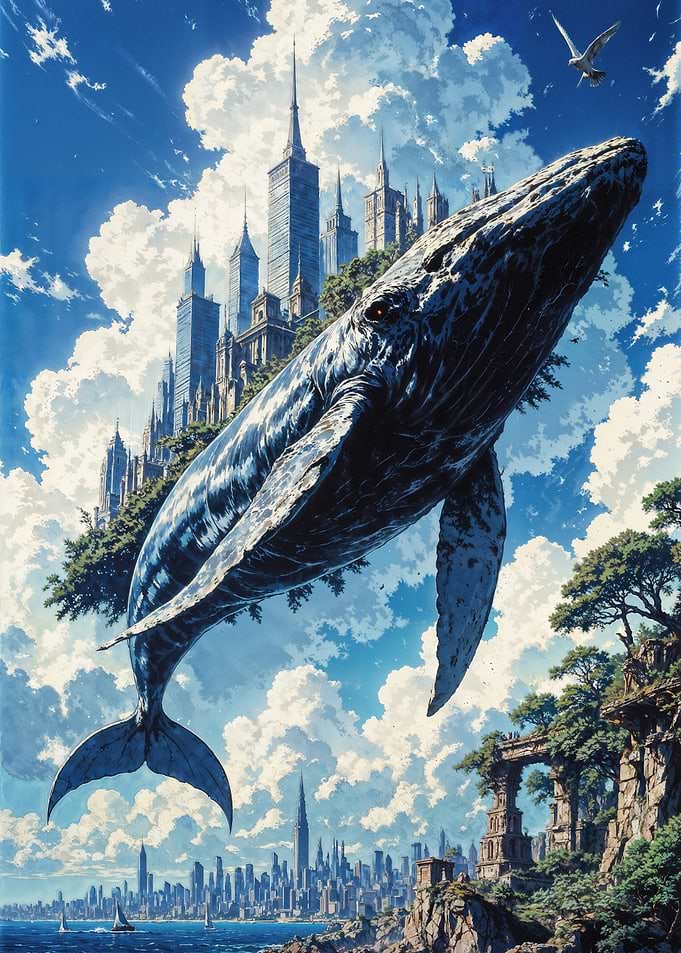 Majestic Sky Whale Carrying a Floating City Above a Coastal Metropolis