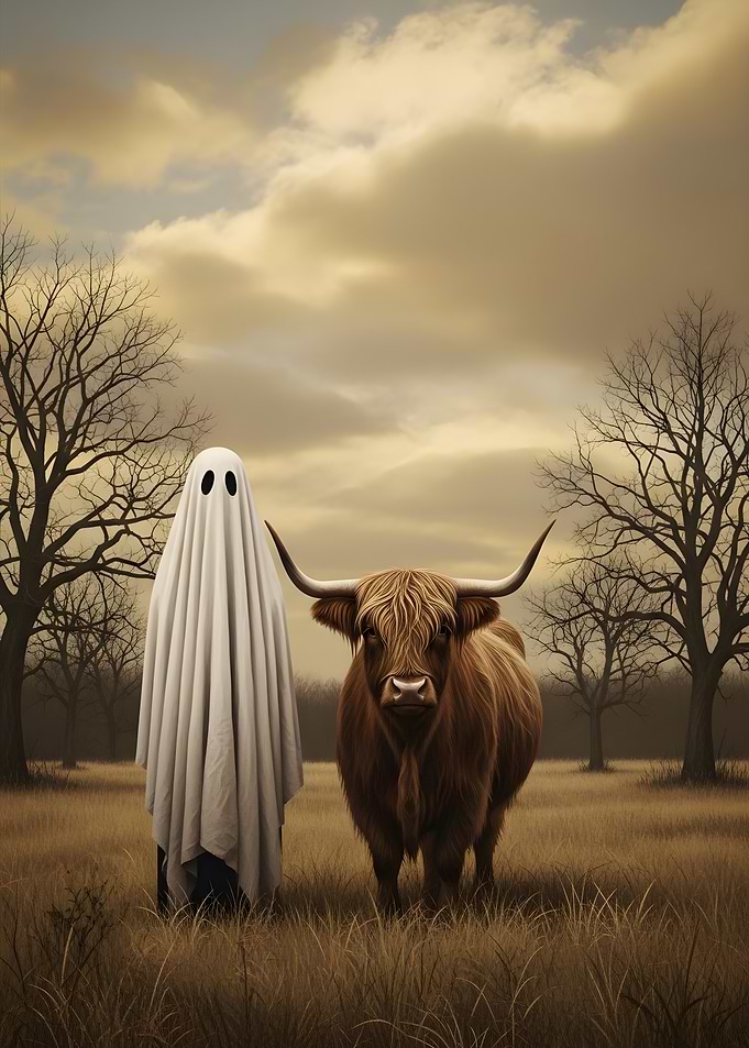 Ghost and Highland Cow in Field