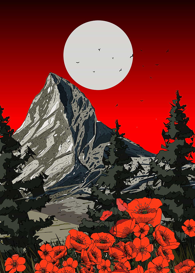 Mountain, Moon, and Red Poppies