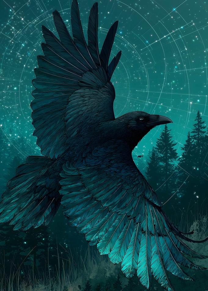Raven in Flight Under Starry Sky