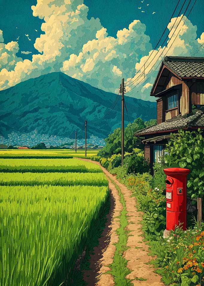 Japanese Countryside Landscape with Red Postbox