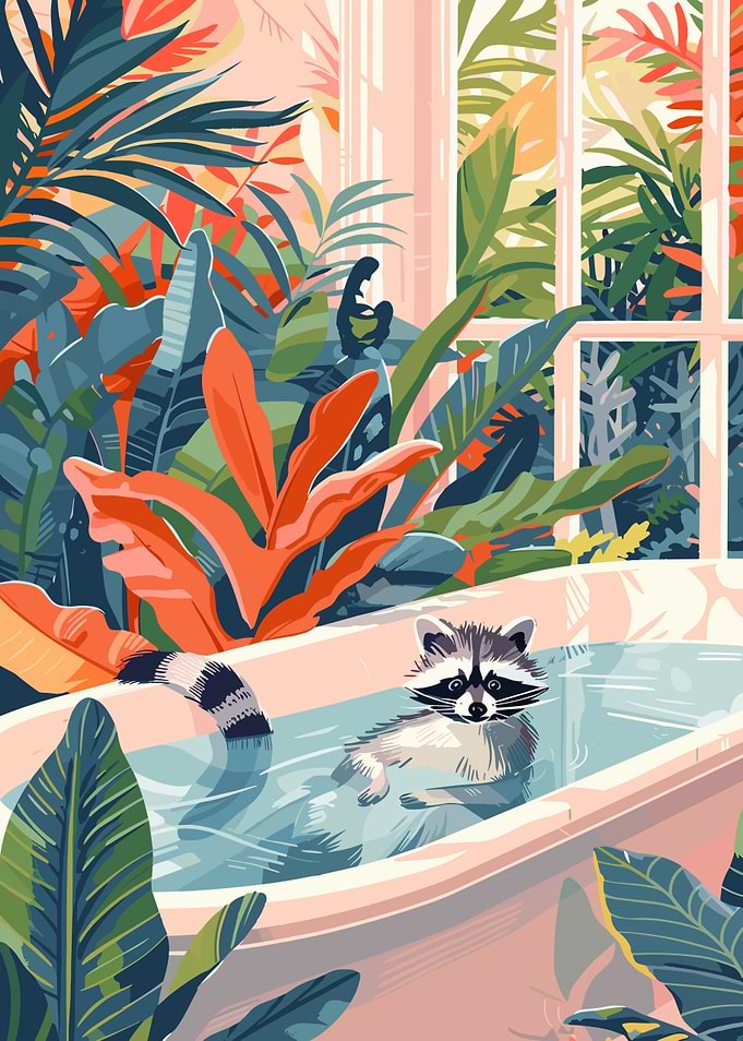 Raccoon Relaxing in Bathtub with Plants