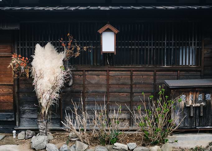 Japanese House Exterior with Floral Decor